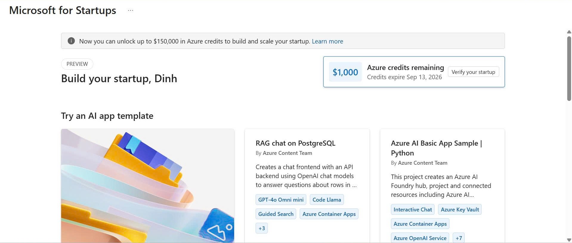 Build your startup - $1,000 Azure credits remaining