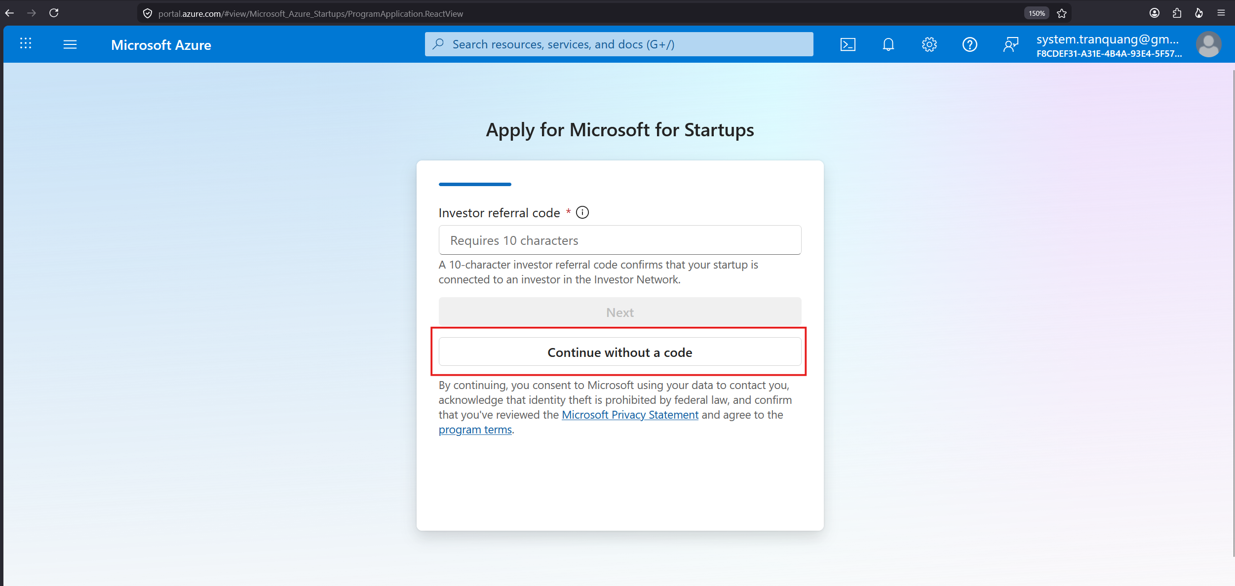 Continue without a code